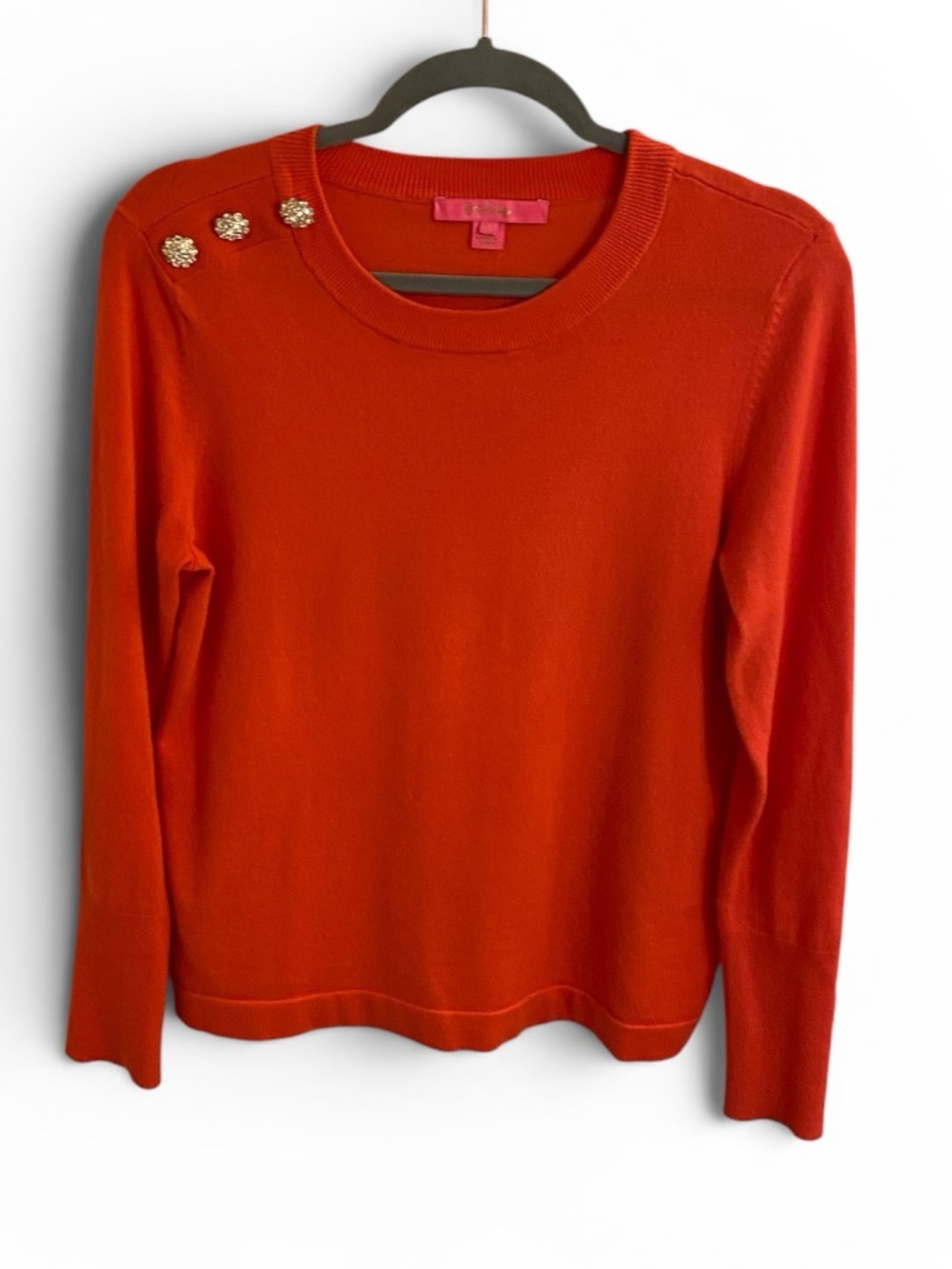 LILLY PULITZER Crewneck Sweater Vibrant Orange-Red Size Small Jeweled Shoulder - Picture 2 of 12